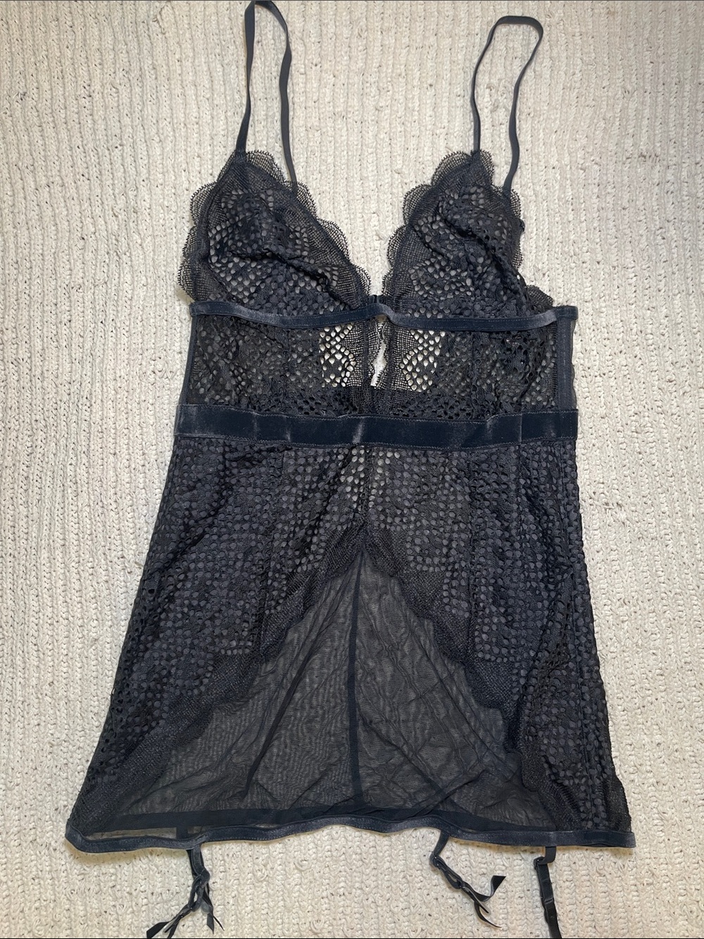 Vintage Y2K Victoria's Secret Black Sheer Lace Chemise with Garter Straps